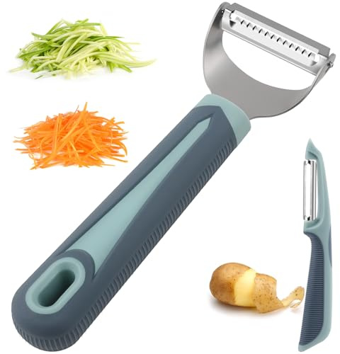 PNEATDEZ Pelador de verduras en juliana, trituradora en juliana con mango de silicona de 4.8 pulgadas de largo, pelador de patatas giratorio para cocina, juego de 2, azul