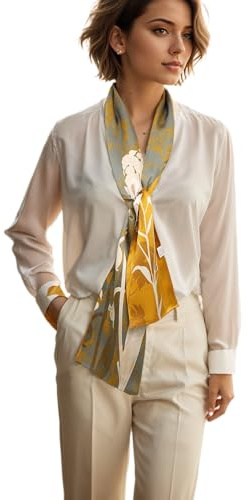 Prettystern uomo donna sciarpa a 2 strati di seta stretta sciarpa cravatta per la primavera estate crema bianco oro DS16