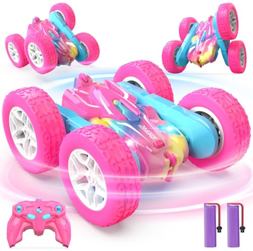 DEERC Pink Remote Control Car for kids Toys with Colorful Light, Rechargeable Driving RC Stunt Cars, Double-Sided 360° Rotating 4WD RC Stunt Car Toys for Girls Aged 6-12