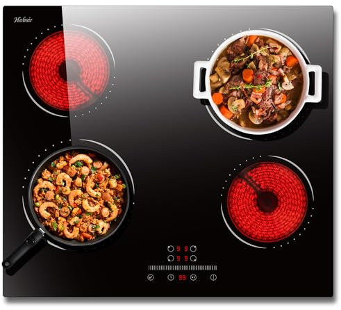 Hobsir hob Electric Ceramic Hob 60 cm 4 Zone with Slide Touch Control 6000W, Timer & Kid Safety Lock, 9 Power Levels, 220V-240V Hard Wire (No Plug)