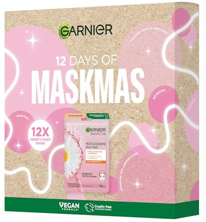 Garnier Skincare Gift Set, 12 Maskmas Giftset, Hydrating Sheet Mask Set For Dehydrated, Dull and Tired Skin, Face & Eyes with Hyaluronic Acid & Glycerin, Cruelty Free & Vegan (Pack of 12 Masks)