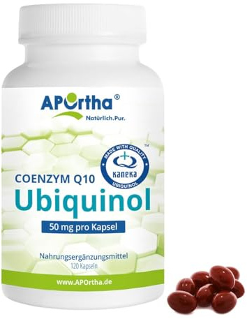 APOrtha Kaneka Ubiquinol Coenzym Q10 50 mg 120 Kapseln, Premium CoQ10 hochdosiert 50mg für 2 Monate, Hohe Bioverfügbarkeit durch bioaktives Ubiquinol, 2-fach Patentierter Rohstoff