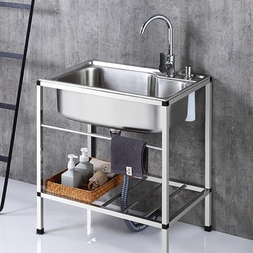 Fregadero Acero Inox con Tubos de Agua Fría y Caliente y Grifo, Fregadero Cocina Comercial con Estantes de Almacenamiento y Kit de Drenaje para Camping, Taller, Granja, Jardín, 71 * 47 * 75 CM