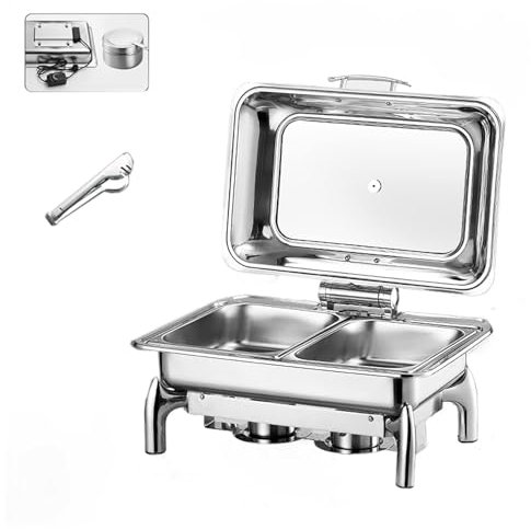 13L Calentador Comida para Fiestas 304 Chafing Dish Electrico de Acero Inoxidable Calentado Eléctricamente/calentado con Alcohol con Tapa de Cristal Transparente(13L/2)