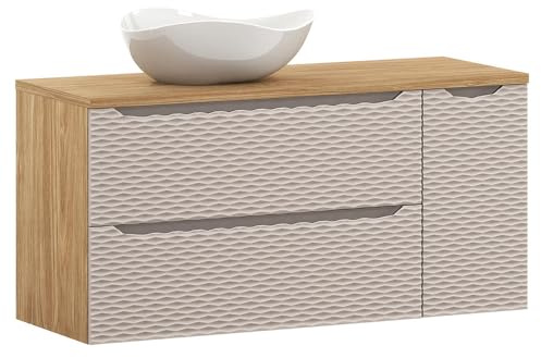 Badezimmer Waschtisch 120cm in Eiche, Front in beige mit 3D-Oberfläche