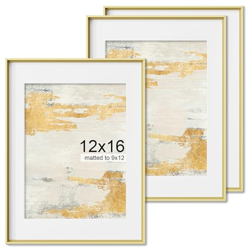 12x16 Metal Picture Frame, 12 x 16 Aluminum Photo Frames with 9x12 Removable Mat, High Definition Plexiglass, Vertical and Horizontal Display, Wall Hook Hanging Hardware Included, Gold, 3 Pack