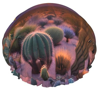 Cactus Desert Sunsets Print Shower Caps,Double Layers water-resistanted Hair Cap with Elastic and Reusable