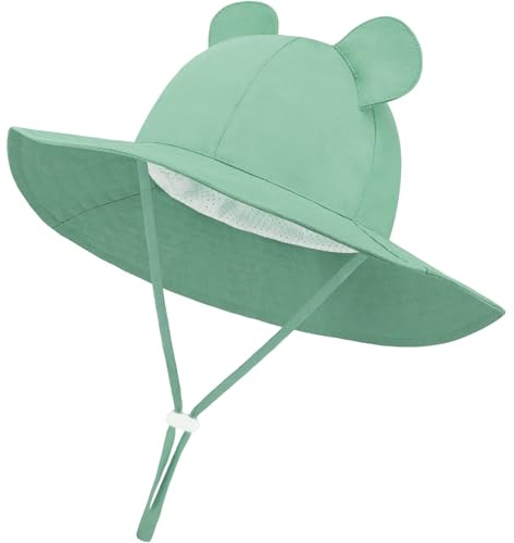 DRESHOW Baby Solhatt Småbarn Solskydd Strandmössa med Björnöron Unisex Sommarhatt med Hakrem UPF 50+
