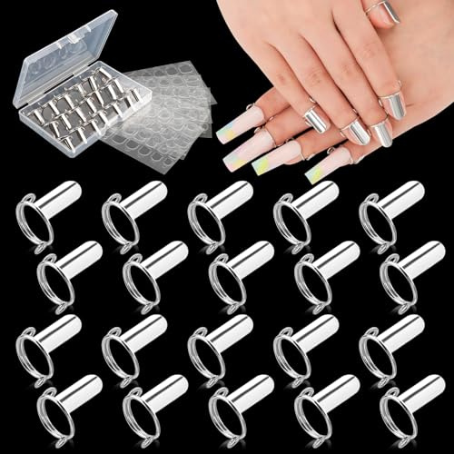 EBANKU 20PCS Wudu Nagel Ring für Acrylnägel Silber | Verstellbare Fingernagel Ringe mit 120PCS Nagelkleber, Wiederverwendbar Metall Nagelring Set für künstliche Nägel, Nagelkunst