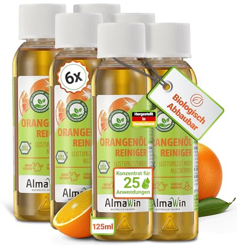 AlmaWin® Orangenölreiniger ÖKO [6x 125ml] ideal als starker Allesreiniger & Fettlöser - Veganes Orangenreiniger Konzentrat mit fruchtigem Duft - Besonders ergiebiger Orangenöl Reiniger