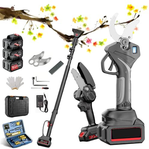 IEOWY Tijeras de podar eléctricas, Tijeras de podar para Ramas, podadora inalámbrica con 3 baterías Recargables y pértiga de extensión de Alcance telescópica de 130-240 cm, diámetro de Corte de 50 mm
