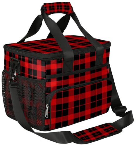 Mexpekil Bolsa de almuerzo aislada grande para mujeres y hombres, trabajo, camping, playa, picnic, 15 L, rejilla roja, bolsa fresca, impermeable, a prueba de fugas