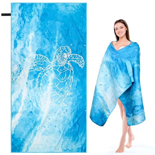 INYEEXUP Toalla de playa 90 x 180 cm de microfibra, compacta y de secado rápido, toalla de playa XXL, toalla de playa sin arena con cinta, toalla de baño de secado rápido con diseño de tortuga