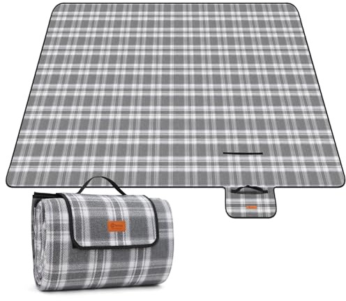Sekey Picknickdecke Wasserdicht 200x200 cm, Karierte Stranddecke Sandfrei, 3-Schicht Struktur, Gepolstert & Isoliert, Acryl-Oberseite & PEVA-Unterseite, Faltbare Campingdecke mit Tragegriff