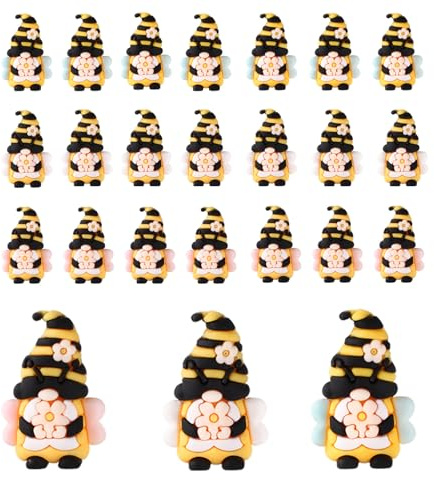 Lyreh 24pcs Mini Spring Bee Gnomes, 1.38in Spring Floral Bumble Bees Gnome Figurines Dwarf Miniature Ornaments Summer Thanksgiving Toys Gifts for Home Table Garden Car Dashboard Decor