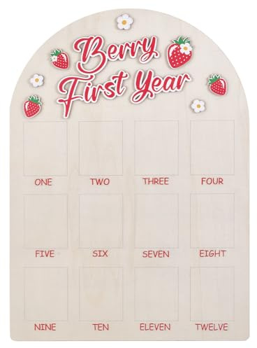 HOBBIESAY 1Pc Strawberry First Year Photo Board 12 Months Photo Display Frame One Year Old Pictures Display Wood Board Monthly Milestone Frame for DIY Birthday Party Decoration Crafts