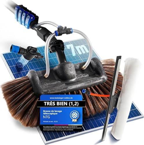 NTG Spazzola telescopica 1,68-7 m 3 in 1 con setole extra morbide, panno microfibra, estrattore acqua, dispenser sapone finestre, solare (fino a 7 m)
