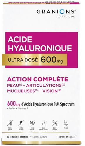 Acide Hyaluronique Ultra dosé 600 mg GRANIONS - Biotine - Hydratation intense peau - Niacinamide - Complexe Vitamine B - Anti-ride - Stimule production collagene - Vegan - Fabriqué en France