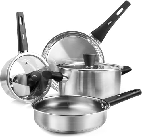 Stainless Steel Pots and Pans Set, 6-Piece Hob Pots Set & Frying Pans w/Lids Induction Kithchen Cookware Set for Healthy Cooking, Bakelite Handle, Uncoated & Easy to Clean, Suitable for All Stovetops