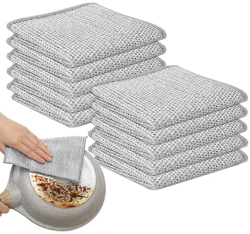 YSHODGU Double Layer Wire Dishwashing Cloths 10 Pack - Non Scratch Stainless Steel Cleaner Cloths 20x20cm, Wet and Dry Multi-Purpose Mesh Scrubs Wire Dish Cloth for Sink, Stove, Pots & Pans