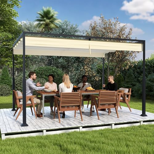 Aufun Pergola med skjuttak, 3 x 4 m, trädgårdspaviljong, terrasstak av metall, med robust stålram och skjuttak av PA-belagd polyester, UV-skydd för utomhusbruk, beige