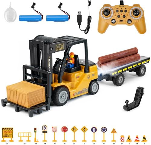 QiquBox Chariot élévateur télécommandé 1/24 avec Plateau de Transport, Voiture d'ingénierie avec caisses, Bois, Panneau de signalisation, Spray sonore et Lumineux, Cadeaux pour garçons et Filles