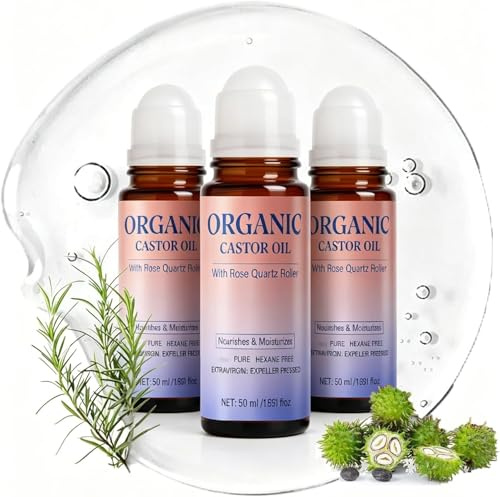 Glass Bottle Organic Castor Oil, Organic Castor Oil with Rose Quartz Roller, Gently Nourishes Skin, Deep Hydration & Smoothing, For Belly, Face, Body, Eyebrows And Eyelashes (3)