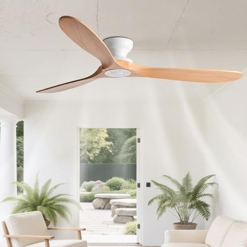 42in Flush Mount Ceiling Fans, Solid Wood Blades, Remote, 6-Speed, No Light | White metal body with walnut-colour solid wood blades; 220–240V, 50Hz, modern ceiling fan for bedroom living room dining room