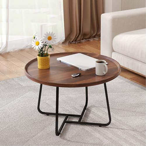 Table basse ronde moderne – Plateau en bois de noyer et cadre en métal noir – Meuble multifonction élégant pour les petits espaces – Décoration idéale pour le salon (70 x 46 cm)