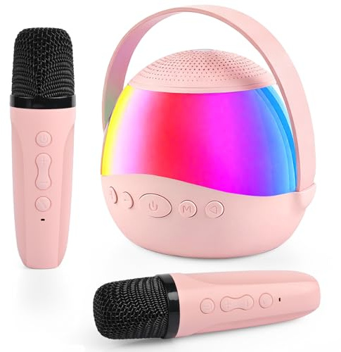 ZWOOS Karaoke Maschine Kinder mit 2 Kabellosen Mikrofonen Tragbarer Bluetooth Karaoke Set Karaoke Kinder mit LED-Lichtern und Stimme Wechselnde Effekte Geschenk für Mädchen Jungen 3 4 5-12 Jahre, Rosa