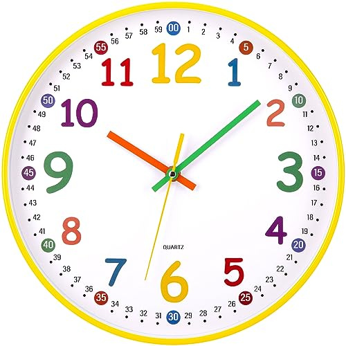 ACCSHINE Orologio da parete bambini silenzioso vintage 30 cm con al quarzo a batteria facile da leggere camere casa cucina camera da letto ufficio scuola (Giallo, 30cm)