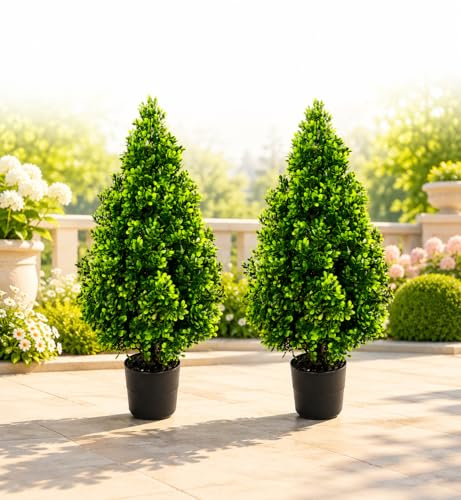 2PACK Buchsbaum Künstlich im Topf 70cm Künstliche Buchsbaum Pyramide Outdoor Indoor,Dicht Belaubter Topiary Baum mit Topf,Grün Busch Kunstpflanze for Haustür Eingang Balkon Terrasse Garten Door