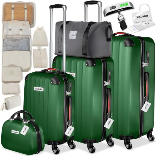 TecTake® Hartschalenkoffer-Set, 19-teilig, ABS-Hartschale, TSA-Schloss, 360° Rollen, Packwürfelset, mit Kofferwaage, Kofferanhänger, abteilbarem Innenraum, gepolsterter Teleskopgriff - Grün