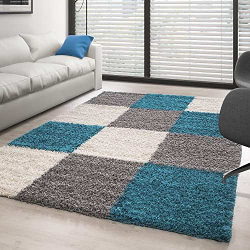 Carpettex Hochflor Teppich Wohnzimmer Shaggy Flokati Teppich Modern Kariert Design 200 x 290 cm Türkis - Teppich Schlafzimmer Weich Flauschig Waschbar Teppich Küche Esszimmer - Langflor Teppiche