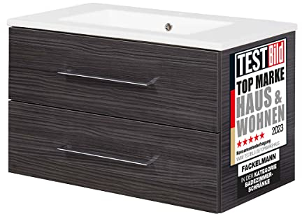 FACKELMANN B.PERFEKT Badmöbel Set 82 cm in Anthrazit, Dark Oak Front, hängend, Keramikbecken Weiß, Made in Germany