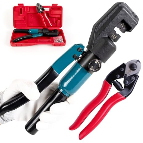 Muzata Custom Cable Railing Crimping Tool Hydraulic Crimper Hydraulic Crimping Tool for 1/8 Stainless Steel Cable Railing Kit Wire Rope Swaging Kit with Wire Cutter CR09 CK12