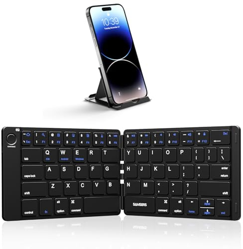 Samsers Foldable Bluetooth Keyboard - Wireless Portable Keyboard with Stand Holder, Rechargeable Full Size Ultra Slim, Compatible IOS Android Windows Smartphone Tablet Laptop - Black