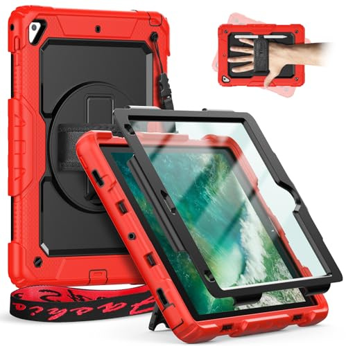 Timecity Hülle für iPad Air 2 iPad 6. / 5. Generation iPad Pro 9,7 2018/2017 Stoßfeste Schutzhülle mit Displayschutz 360°-drehbare-Ständer Stifthalter Handschlaufe Schulterrgurt Outdoor - Rot