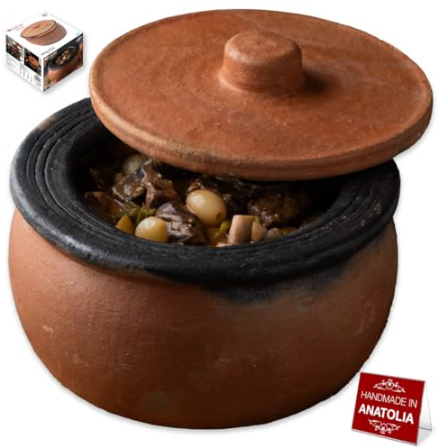 Hakan Efes Clay Cooking Pots with Lids, SMALL 1.9 Quarts Clay Pots for Cooking, UNGLAZED Twice Baked Traditional Casserole Rice Pots for Stove Top, Indian Korean Terracotta Roaster, 60.9 oz (1.8 L)