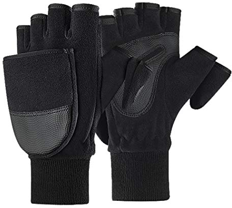 AfinderDE Herren Winter Polar-Fleece Halbfinger Handschuhe Touchscreen Multifunktional Thermal Warm Fäustlinge Fingerless Mit Flip Top