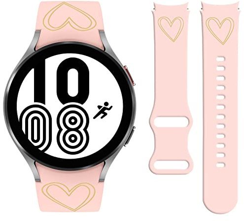 Vozehui 20mm Armband Kompatibel mit Galaxy Watch 6/5/4, Silikon Goldfarbenes Herzmuster Bedrucktes Ersatzarmband für Samsung Galaxy Watch 6/5/4 40mm 44mm/Galaxy Watch 4 Classic 42mm 46mm, Rosa
