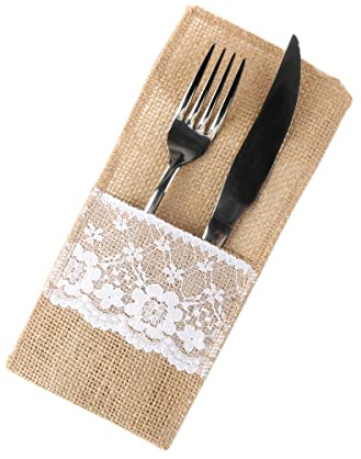 8 Stück Jute Bestecktasche,Vintage Spitze Sackleinen Besteckbeutel Bestecktaschen Besteckhalter Sackleinen Hochzeitsdeko Tischdeko für Hochzeit Weihnachten Taufe Rustikal Party Restaurant ,Stil B