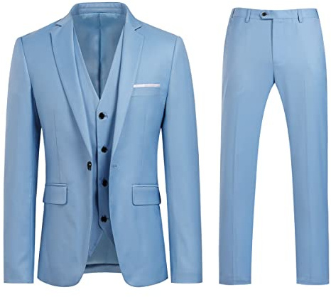 Sliktaa Trajes formales de 3 piezas para hombre con un botón, solapa con muescas, trajes de negocios y boda, blazer, pantalones y chaleco, azul claro, S