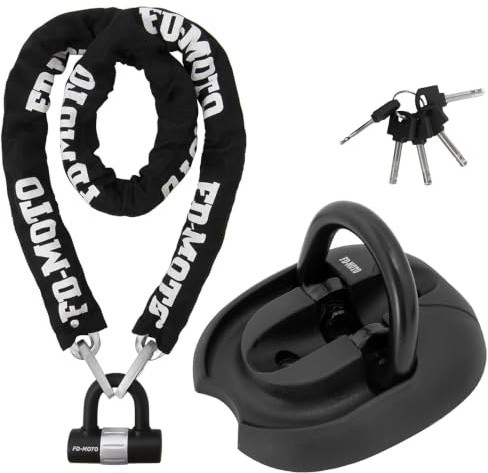 FD-Moto Black/White Steel Chain Lock + Ground Wall Anchor (4 Bolts) | 3.4Kg 1.5M*10mm Steel Anti-Theft Heavy Duty for Motorbike Motorcycle Scooter Bike Bicycle