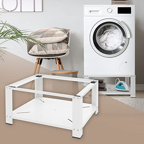 ML-Design Base para Lavadora con Estante 63 x 54 cm de Acero Blanco Capacidad Hasta 150 kg Bastidor Estable para Secadora Pedestal 32 cm de Altura Soporte Universal Antideslizante para Almacenaje