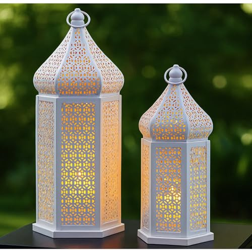 Große marokkanische Tempelturm-Laternenlampe, dekorative Kerzenhalter für Ramadan, zum Aufhängen, Terrasse oder Veranda im Freien, Hochzeiten, Weiß, 2er-Set