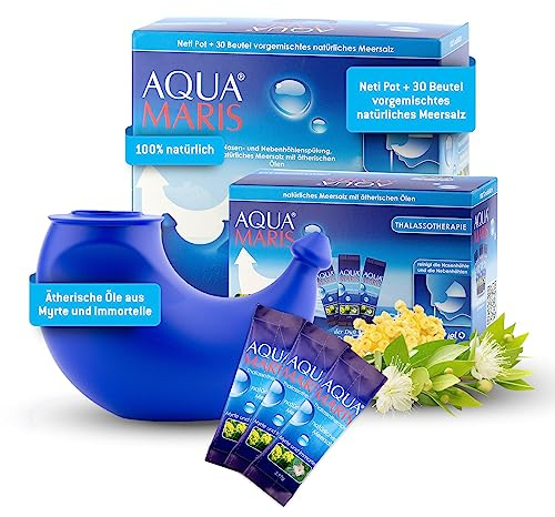 Aqua Maris Thalassotherapie Nasenspülung und Nebenhöhlenspülung - natürliches Meersalz mit mehr als 80 natürlichen Mineralien , angereichert mit ätherischen Ölen , Neti Pot + 30 Beutel Meersalz
