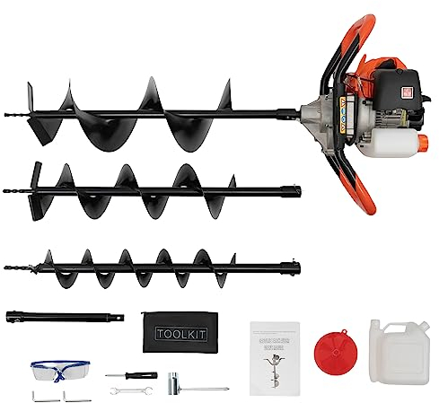 Tarière à essence 52cc, Moteur 2 Temps, Tarière à Essence clôture Post Hole Borer Tarière avec 1 Extns, Tarière Professionnelle avec 3 Tarières (10cm/15cm/20cm)