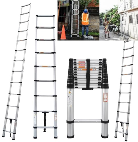 4.4M/14.4FT Multi Purpose Aluminum Telescopic Ladder, Extension Tall Loft Ladder with Non-Slip Feet, Step Adjustable for RV, Attic, Household, Portable Adjustable, EN131, 330lb Max Load