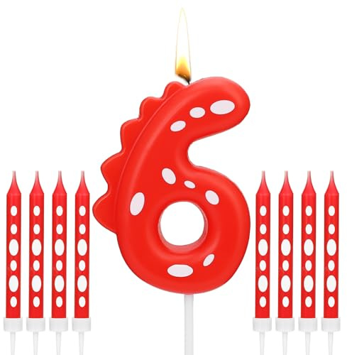 TRUEIN Digitale Dinosaurier Kuchenkerze, 1 Zahlenkerze und 8 Lange Dünne Kerzen, Geburtstagskerzen, Dinosaurier Thema Party Deko (Red_6)